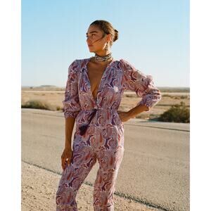 #63bk- DESERT QUEEN SALOME JUMPSUIT PURPLE PAISLEY NWT|Sz:34/US 2  Ret$348